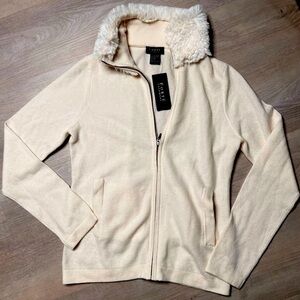 Forte Cashmere Faux Fur Collar Zip Sweater, Ivory, size S NWT